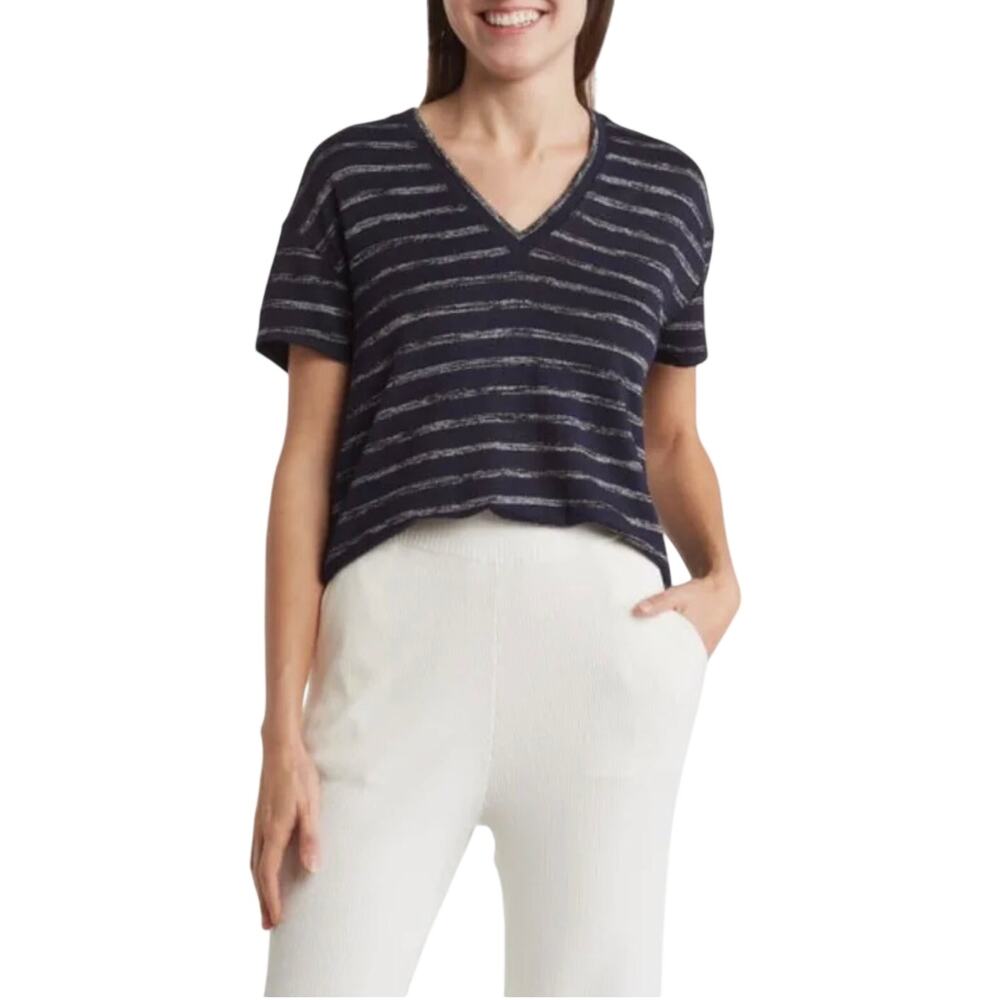 Rag & Bone The Knit Stripe V-Neck Tee, Navy Black, Women's Size Medium